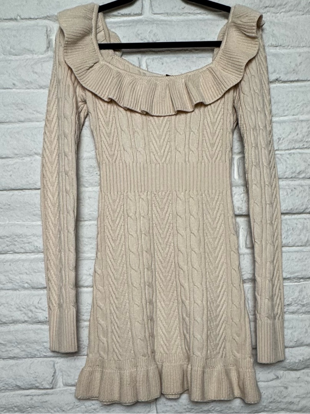 MAJORELLE Cream Off-Shoulder Ruffle Cable-Knit Sweater Dress